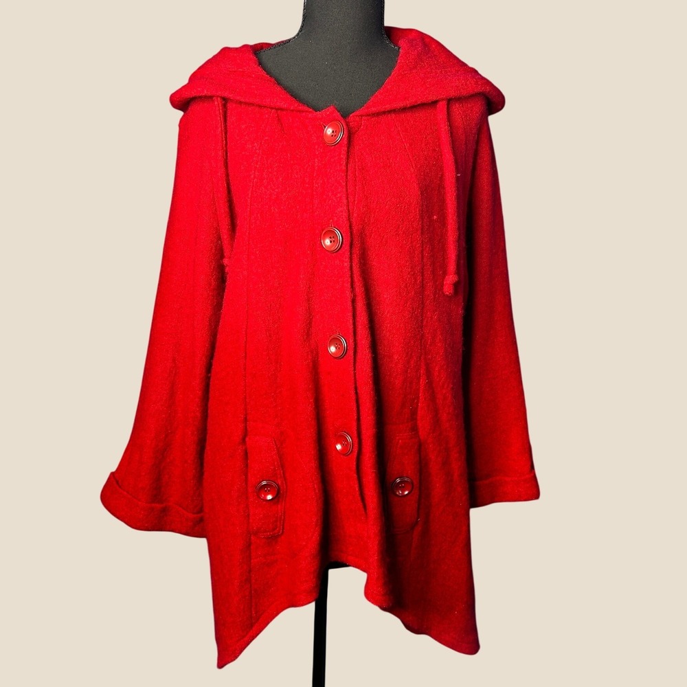 Womens Vibrant Red Hooded Wool Swing Jacket Sz XL Layering Poncho Draped Classic